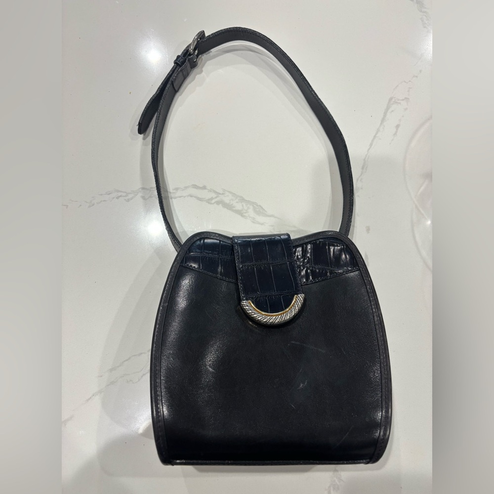 Vintage Brighton Black Smooth Croc Embossed Leather Satchel Shoulder Bag